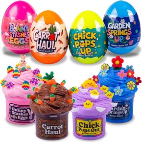 Easter Basket Stuffers for Kids – 4-Pack Butter Slime in Plastic Eggs, Easter Clay Slices, and Figurines – Sensory Toy for Easter Egg Hunts, Prefilled Easter Eggs, Easter Basket Fillers