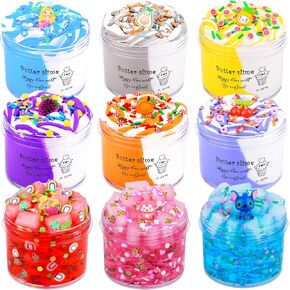 9 Pack Slime Kit, with 6 Butter Slime and 3 Jelly Cube Crunchy Slime Kit, Red, Blue, Pink Clear Crunchy Slime, Soft & Non-Sticky, for Girls and Boys FamilyToy, Party Favors and School Education