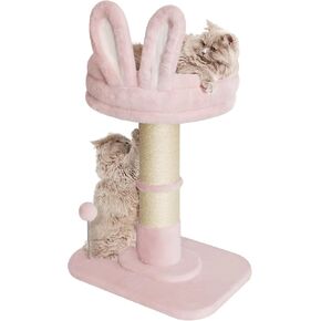 Sisal Cat Scratching Post with Soft Rabbit Bed, Small Cat Tree for Indoor Cats, Cute Cat Tower with Spring Ball, Cat Scratching Post with Perch, Cat Tree Cute Removable Rabbit Ear Bed, Pink