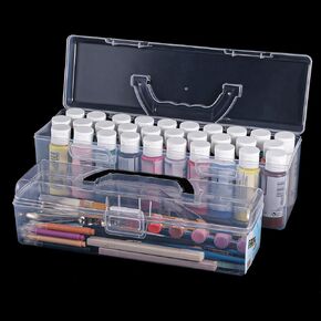 2 Packs Clear Acrylic Paint Organizer Boxes with Handle 14"&11.8" Portable Clear Paint Storage Box for Acrylic Paint, Empty Craft Paint Storages for Paint Bottle/Brush Sewing Kit Arts Crafts Supplies