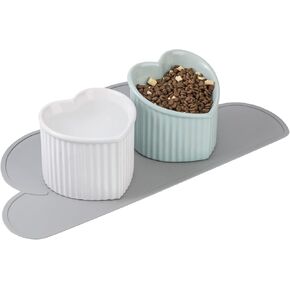 Cat Food Water Bowl Set - Raised Ceramic Cat Feeding Bowls with Non Slip Mat - Elevated Cat Dish Anti Vomiting - Whisker Friendly Wide Cat Bowl - Microwave and Dishwasher Safe - White & Pink (2pcs)