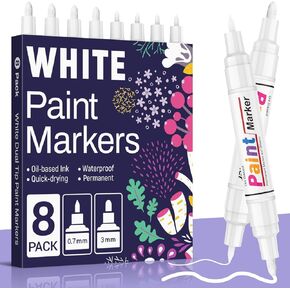 KERIFI Oil Based White Paint Pens, Dual Tip White Permanent Markers(0.7mm & 3mm), Waterproof Touch Up Paint Marker for Metal Glass Wood Rock Fabric Tire Plastic Furniture Black Paper Coloring