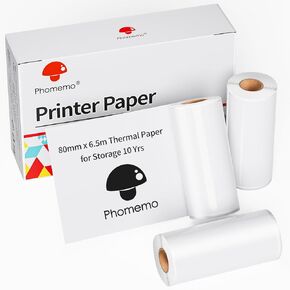 Phomemo White Thermal Paper 3.14'' (80mm) x 6.5m Compatible with M832/M833/M834/M835/M03/M04S/M04AS, for DIY Projects, Photo, Lists, Study Notes, Black on White, Diameter 1.1" (28mm), 3 Rolls
