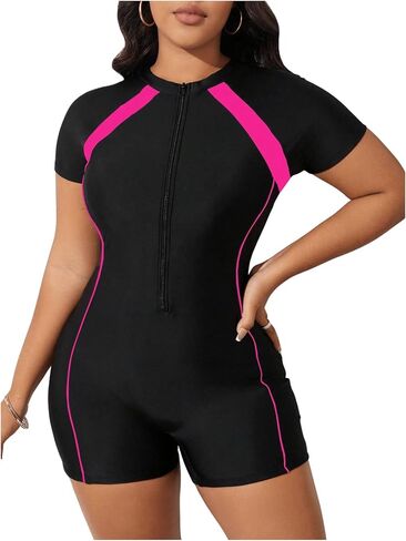 Floerns Women's Plus Size Colorblock Full Zip Short Sleeve One Piece Swimsuit in Saudi Arabia