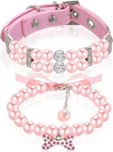 Hicarer 2 Pcs Small Dog Cat Pearl Collars and Pearl Necklace Set Cute Pet PU Leather Collars Necklace with Crystal Rhinestone for Dogs Cats Puppy Kitten Party Wedding Birthday in Saudi Arabia