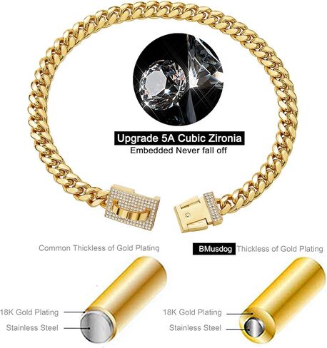 طوق سلسلة الكلاب الذهبية مع تصميم مشبك Zirconia المكعب ، وسلسلة رابط كوبية 18 قيراطًا ، طوق المشي للمشي في Pitbull German American (لـ M Dog Neck 16 ") in Saudi Arabia
