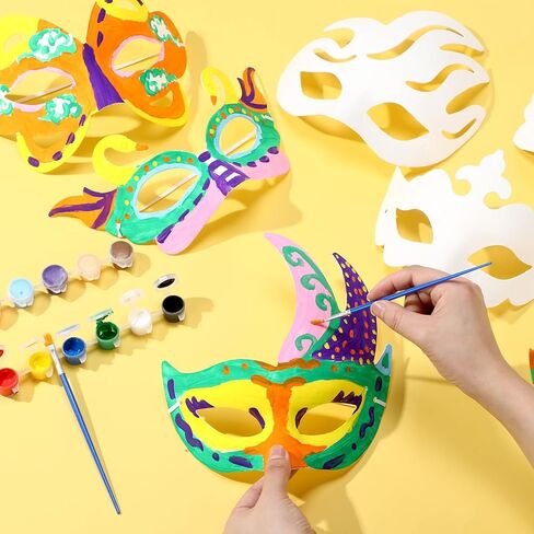 HyDren 100 Pcs Mardi Gras Mask DIY Half Face Mask Making Kit Bulk 60 White Blank Paper Mache Masks 20 Acrylic Paints Strips 20 Painting Brushes for Masquerade Carnival Craft Cosplay Art Painting Party in Kuwait