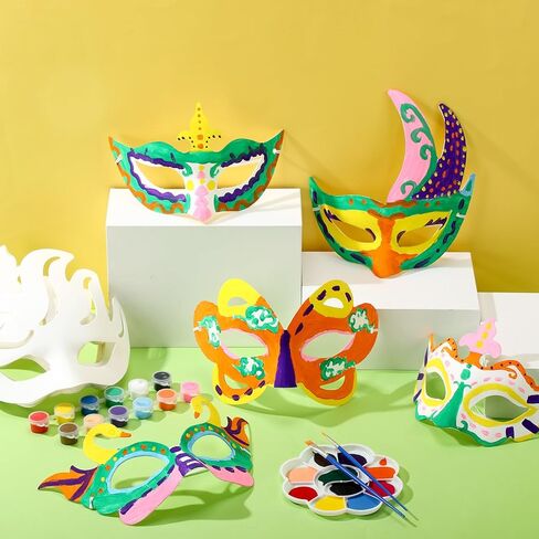 HyDren 100 Pcs Mardi Gras Mask DIY Half Face Mask Making Kit Bulk 60 White Blank Paper Mache Masks 20 Acrylic Paints Strips 20 Painting Brushes for Masquerade Carnival Craft Cosplay Art Painting Party in Kuwait
