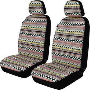 AKAUTO Baja Saddle Blanket Car Seat Covers Front Pair with Seat Belt Pads and Steering Wheel Cover, Universal Colorful Striped Woven Interior Cover for Sedan, SUV, Truck, Airbag Compatible