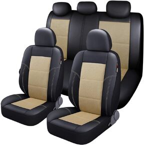 P&J AUTO Leather and Mesh Car Seat Cover Full Set in 9pcs Universal Fit for Cars Trucks Vans & SUVs Airbag Compatible (Black)