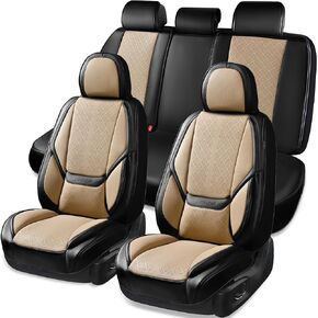 CAR PASS Nappa Leather Car Seat Covers 5 Seat, Luxury Lumbar Support, Waterproof Breathable Durable All Coverage Leatherette Seat Covers for SUVs,Pickups,Trucks,Vehicles (Full Set Solid Beige)
