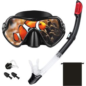 قناع الغطس، مجموعة حزمة الغطس والغوص مع صمام تطهير زجاجي مطلي مضاد للضباب وقطعة فم من السيليكون المضاد للرذاذ للرجال والنساء in Kuwait