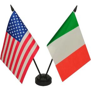 US American Italy Friendship Table Flag, Italian & American Desk Flag, Italian Flags For Room Display, American & Italy Twin Desk Flag Set-Miniature American & Italy Combination Flag