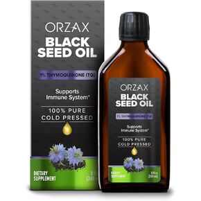 ORZAX 5000 mg Black Seed Oil Organic Cold Pressed Drops with 50 mg Thymoquinone for Immune Support, Good Hair, Skin, and Joints (240 ml)