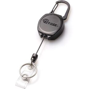 KEY-BAK Sidekick ID Badge and Key Reel, 24"Aramid Fiber Cord, Tough Polycarbonate Case, Zinc Alloy Metal Carabiner with Hand Sanitizer Holder or Airpod Case Keychain (0KBP-0134), Black
