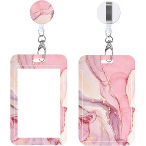 Badge Reels Retractable with Carabiner Reel Clip, Worker Badge Holder Belt Ferrule, Identity ID Badge Holder Case, Nurse Doctor Office School Teacher Name Credit Card Pocket (H-Marble Purple Pink)