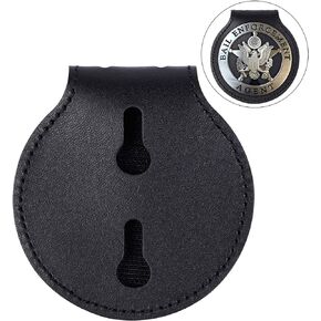 Wisdompro Police Badge Holder, Cowhide Leather Universal Police Badge Holder Pocket Case with Stationary Mn-Steel Belt Clip, Hook and Loop Closure and Stainless Bead Chain Necklace- Oval Shape