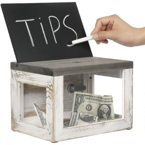 MyGift Vintage Weathered Gray Wood Suggestion Box, Tip Collection and Donation Box with Clear Acrylic Front Panel, Lock, Key, Removable Chalkboard and Clear Sign Holder