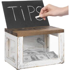 MyGift Vintage Weathered Gray Wood Suggestion Box, Tip Collection and Donation Box with Clear Acrylic Front Panel, Lock, Key, Removable Chalkboard and Clear Sign Holder