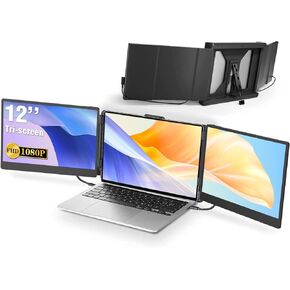 12'’ Laptop Monitor Extender for Triple Monitor Dispaly, FHD IPS Portable Monitor for 13"-16" Laptops, HDMI/USB-A/Type-C Plug-Play Tri-Screen for Windows, Chrome, Mac and Switch
