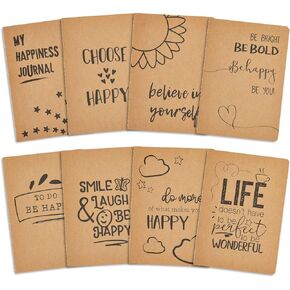 Paper Junkie 8-Pack Inspirational Notebook 5x8 Journal, Motivational Kraft Paper Journals, A5 Lined Happy Theme, Bulk Set, Art Journals, Teacher Notebook for School Classroom, Home, Office