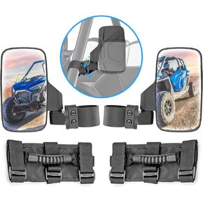 XJMOTO UTV RZR Rear View Side Mirrors and Centre Mirror Adjustable for 1.5''-2'' Roll Cage Bar w/ Pair Grab Handle Set Compatible with Polaris RZR Arctic Cat Yamaha Kawasaki Honda Can Am Offroad