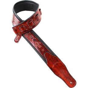 Walker And Williams GB-21 Bourbon Red/Brown Padded Guitar Strap with Fleur De Lis & French Chain Design For Acoustic, Electric, And Bass Guitars