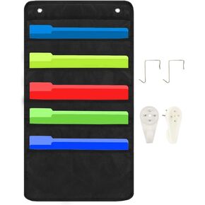 Hanging File Holder Organizer Rack, 5 Pocket File Folders, Wall Mount, Tier Fold Racks Hang Bedroom Desk Expanding Fabric File, Board Business Card, Bathroom Hair Tool, Home Decor Table Shelf Black