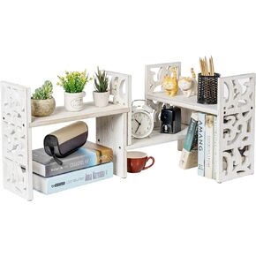 MyGift Vintage Scrollwork Cutout White Washed Solid Wood Adjustable Desktop Shelf, Wooden Home Office Desk Storage Organizer Shelving Rack, 3 Piece Set