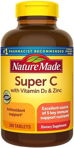Nature Made Super C مع فيتامين د3 والزنك، 200 قرص | فيتامين ج (900 مجم)، فيتامين أ (450 ميكروجرام)، فيتامين د3 (25 ميكروجرام / 1000 وحدة دولية)، فيتامين هـ (15 مجم)، زنك (11 مجم) | العرض لمدة 100 يوم in Saudi Arabia