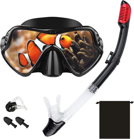 قناع الغطس، مجموعة حزمة الغطس والغوص مع صمام تطهير زجاجي مطلي مضاد للضباب وقطعة فم من السيليكون المضاد للرذاذ للرجال والنساء in Kuwait