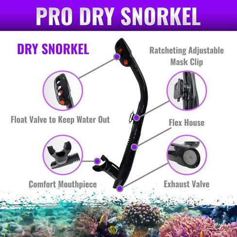 Pro Dry Snorkel - قطعة فم مريحة، صمام تطهير، خرطوم مرن، مشبك Adj، 18 بوصة (46 سم) in Kuwait