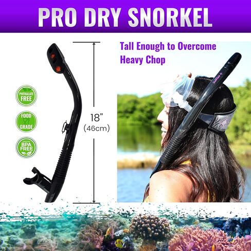 Pro Dry Snorkel - قطعة فم مريحة، صمام تطهير، خرطوم مرن، مشبك Adj، 18 بوصة (46 سم) in Kuwait