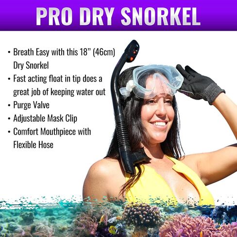 Pro Dry Snorkel - قطعة فم مريحة، صمام تطهير، خرطوم مرن، مشبك Adj، 18 بوصة (46 سم) in Kuwait