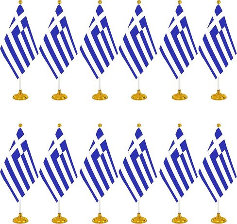 12 حزمة علم اليونان علم مكتب يوناني صغير أعلام طاولة يونانية صغيرة مع قاعدة حامل، ديكورات احتفالات مهرجانات المنزل والمكتب in Kuwait
