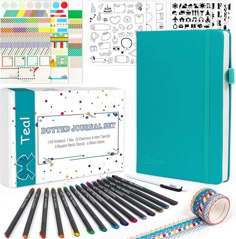 Dotted Journal Kit, Feela Dot Grid Journal Hardcover Planner Notebook Set For Beginners Women Girls Note Taking with Journaling Supplies Stencils Stickers Pens Accessories, A5, 224 Pages, Yellow in Kuwait