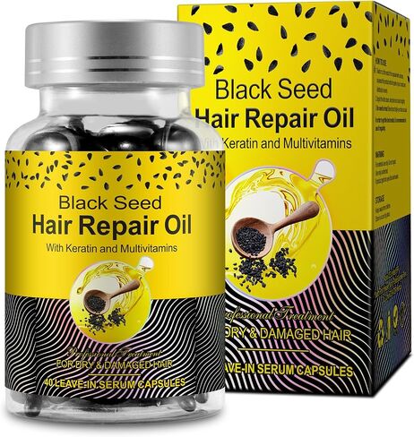 كبسولات زيت الحبة السوداء، زيت الحبة السوداء للشعر التالف، زيت الحبة السوداء العضوي المضغوط على البارد، مع زيت الأرغان، زيت الأفوكادو، زيت الجوجوبا، فيتامين، يقوي الشعر، يحتفظ بالرطوبة، 40 كبسولة in Saudi Arabia