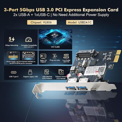 بطاقة توسيع Binardat PCIE إلى USB 3.0، 2 منافذ USB من النوع A و1 منافذ USB من النوع C، ذاتية التشغيل، دعامة منخفضة المستوى، لنظام التشغيل Windows 10/11 in Kuwait