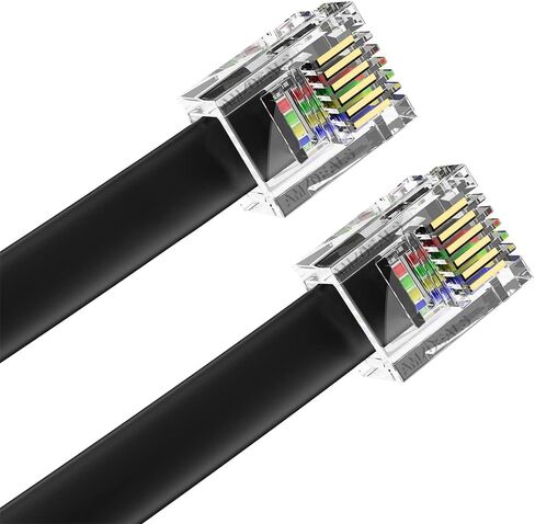 AmzDeals 2-Pack 6 Feet Black RJ12 6P6C Straight Wired Cable, Pro Grade Data and Voice Phone Line Cord - Made in USA in Saudi Arabia