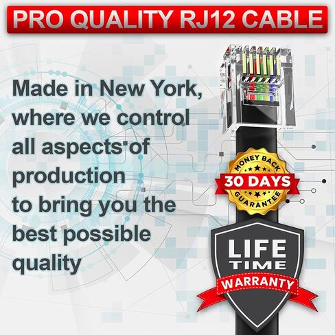 AmzDeals 2-Pack 6 Feet Black RJ12 6P6C Straight Wired Cable, Pro Grade Data and Voice Phone Line Cord - Made in USA in Saudi Arabia