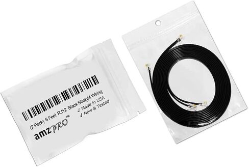 AmzDeals 2-Pack 6 Feet Black RJ12 6P6C Straight Wired Cable, Pro Grade Data and Voice Phone Line Cord - Made in USA in Saudi Arabia