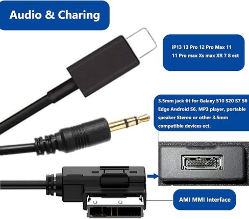 كابل شحن AMI MMI MDI Aux 3.5 مم مجموعات محول الصوت لـ A3 A4 A6 Q5 Q7 V-W، متوافق مع iP13 13 Pro 12 11 Xs Max XR Galaxy S10 S20 S7 S6 Android in Kuwait