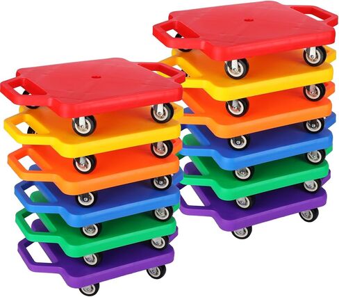 Deekin 12 Pieces Sports Scooter Board with Handles Plastic Casters Floor Scooter Board Sitting Scooter Board for Kids Children Schoo Gym Home Indoor Outdoor Activities Play Equipment in Kuwait