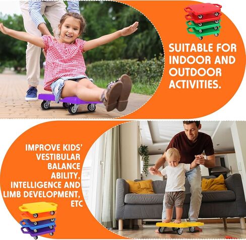 Deekin 12 Pieces Sports Scooter Board with Handles Plastic Casters Floor Scooter Board Sitting Scooter Board for Kids Children Schoo Gym Home Indoor Outdoor Activities Play Equipment in Kuwait
