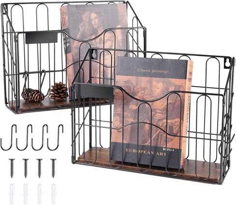 HOYRR Wall File Organizer, Wall File Holder, Wall Mounted File Organizer, Hanging File Holder With Label Panel, For Office Home, Iron and Wood Material Combination With S Shaped Hook (Pack of 2) in Kuwait