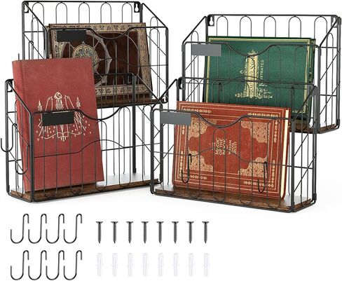 HOYRR Wall File Organizer, Wall File Holder, Wall Mounted File Organizer, Hanging File Holder With Label Panel, For Office Home, Iron and Wood Material Combination With S Shaped Hook (Pack of 2) in Kuwait