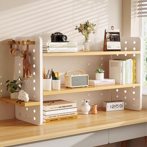 3-Tier Bookshelf, Countertop Storage Display Rack with 4 Shelves and 2 Hooking, Desktop Shelves Rack Storage Organizer, Multipurpose Desktop Shelf Bookcase for Dorm Office Home. in Kuwait