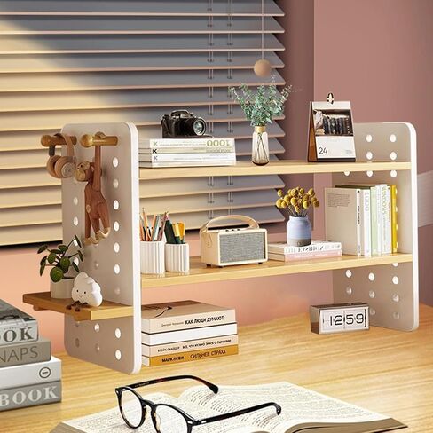 3-Tier Bookshelf, Countertop Storage Display Rack with 4 Shelves and 2 Hooking, Desktop Shelves Rack Storage Organizer, Multipurpose Desktop Shelf Bookcase for Dorm Office Home. in Kuwait