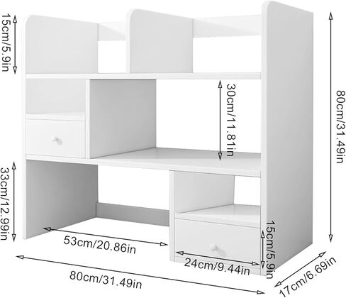 3-Tier Wood Desktop Bookshelf, Multipurpose Bookshelf Storage Organizer with 2 Drawers and 9 Shelves, Wood Desktop Storage Organizer for Dorm Office Home.31.49" W x 31.49" H x 6.69" D in Kuwait