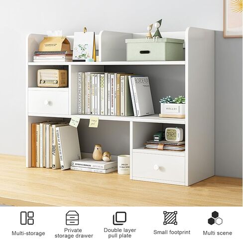 3-Tier Wood Desktop Bookshelf, Multipurpose Bookshelf Storage Organizer with 2 Drawers and 9 Shelves, Wood Desktop Storage Organizer for Dorm Office Home.31.49" W x 31.49" H x 6.69" D in Kuwait